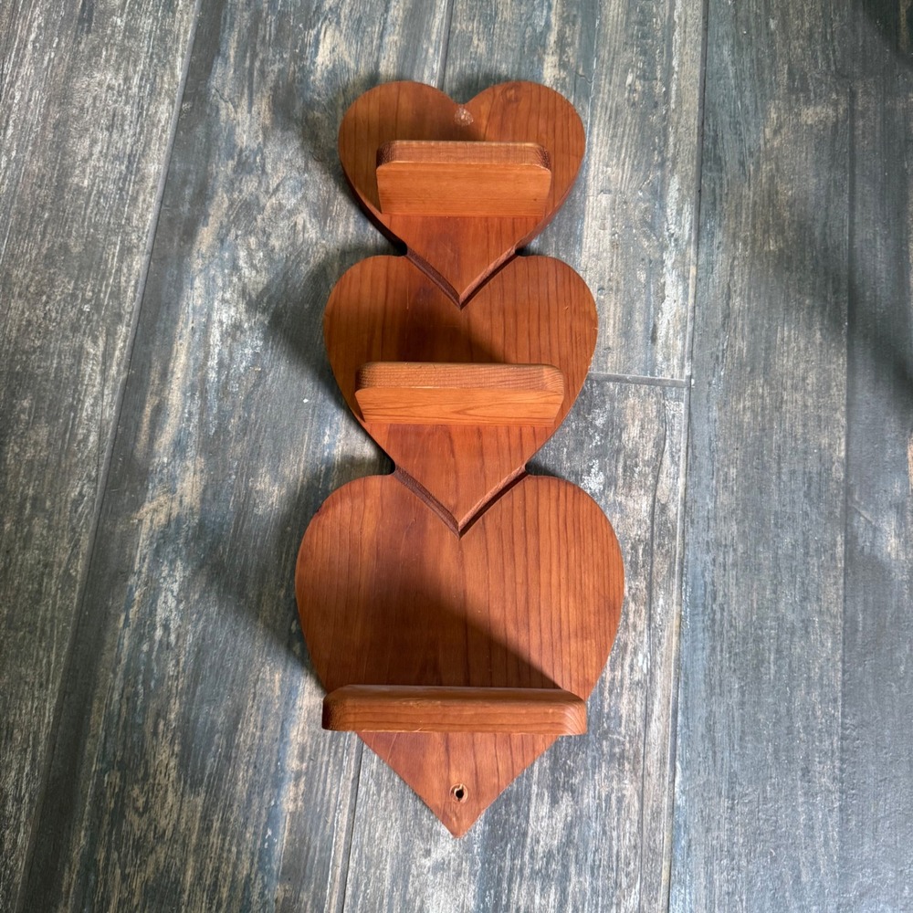 Vintage Heart Wood Wall Trinket Shelf 20" 3-Tier Brown Country Cottage Decor